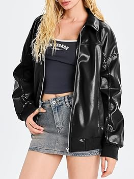 Tankaneo Womens Faux Leather Jackets Oversized Bomber Casual
